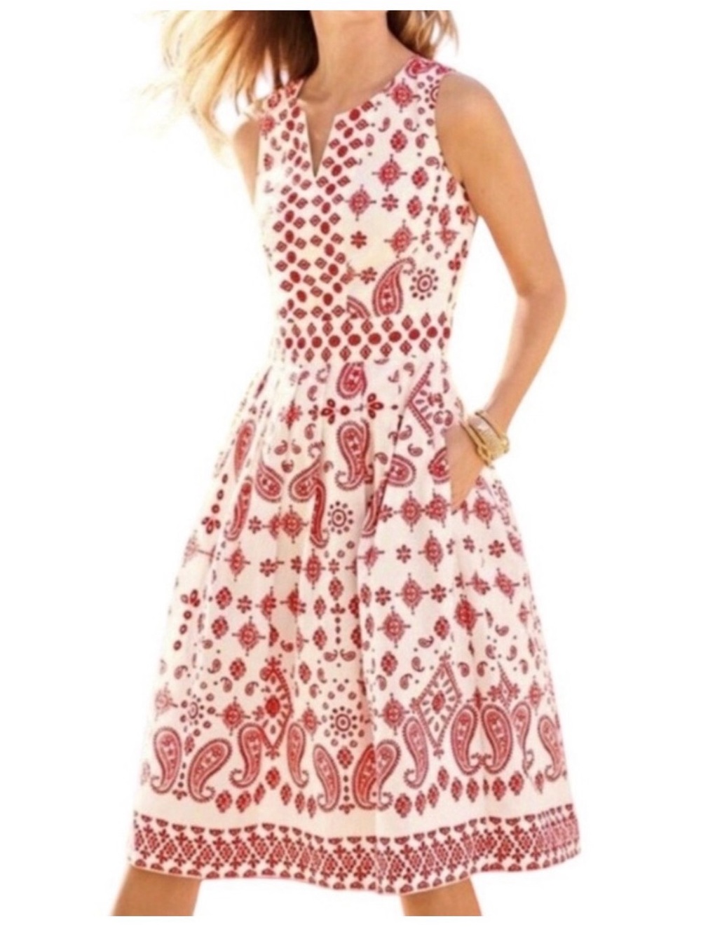 Talbots Red Cream Paisley Embroidered Medallion Sleeveless Midi Dress Size 2P